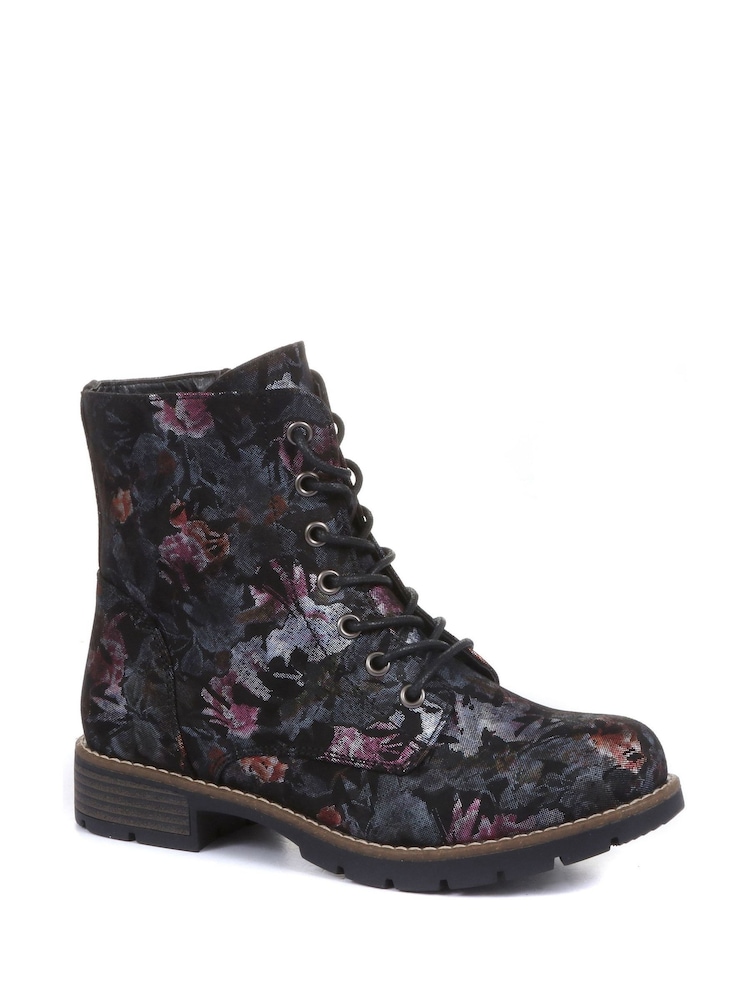 Pavers Black Floral Ladies Lace Up Ankle Boots - Image 2 of 5