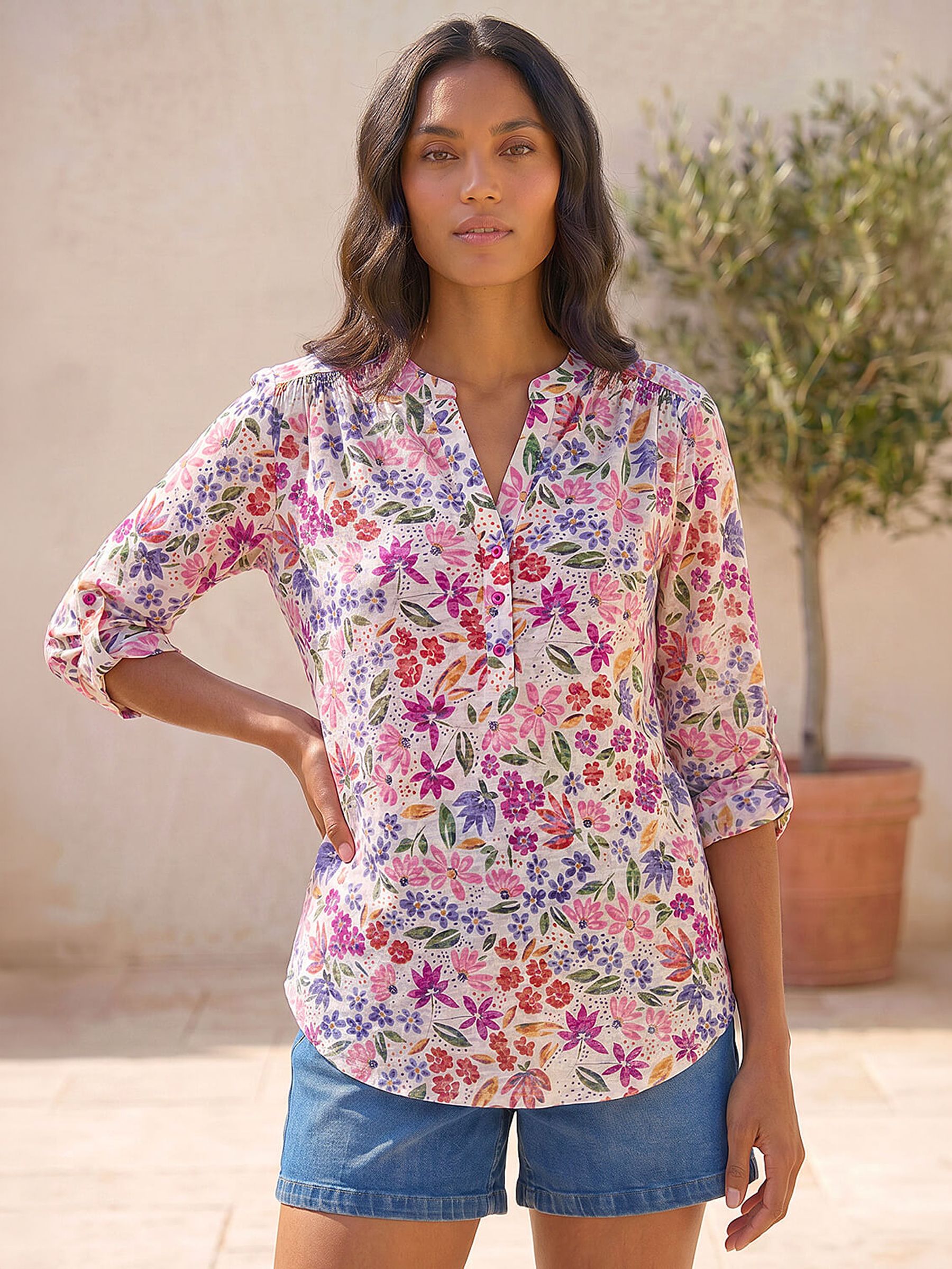 Roman Women's Pink Floral Print Burnout V-Neck Top