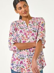 Roman Pink Floral Print Burnout V-Neck Top - Image 1 of 5