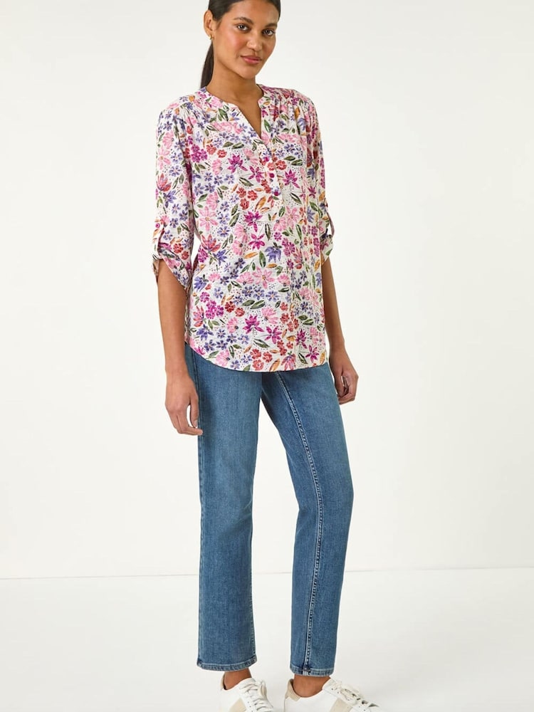 Roman Pink Floral Print Burnout V-Neck Top - Image 2 of 5