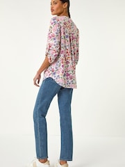 Roman Pink Floral Print Burnout V-Neck Top - Image 3 of 5