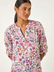 Roman Pink Floral Print Burnout V-Neck Top - Image 4 of 5