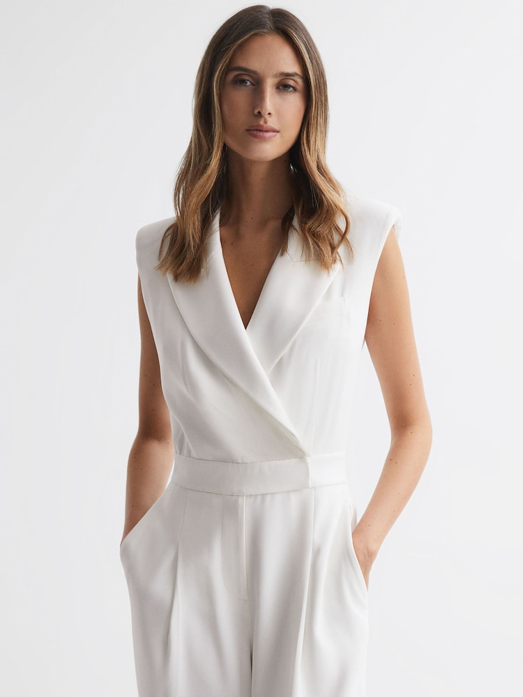 Reiss Ivory Saskia Petite Satin Lapel Jumpsuit - Image 1 of 5