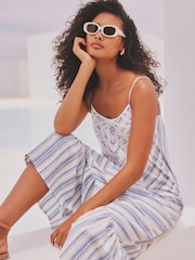 White & Blue Stripe Lace Maxi Summer Dress - Image 1 of 8