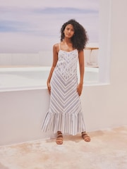 White & Blue Stripe Lace Maxi Summer Dress - Image 2 of 8