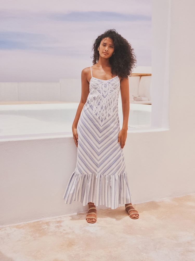 White & Blue Stripe Lace Maxi Summer Dress - Image 2 of 8