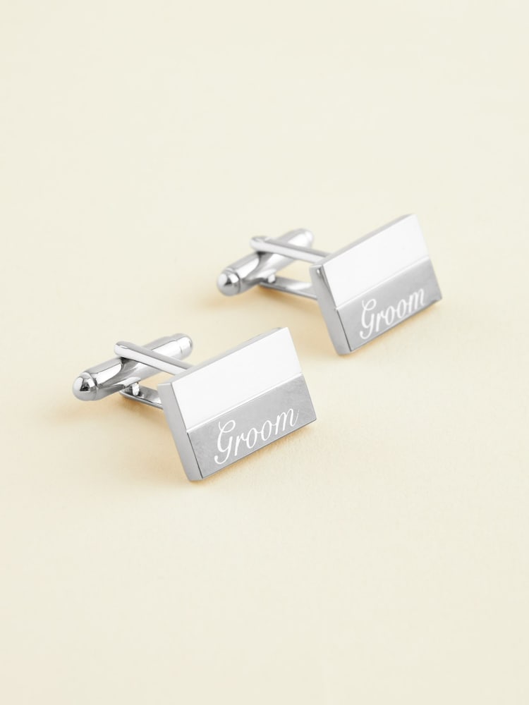 Silver Tone Groom Engraved Wedding Cufflinks - Image 2 of 5 Silver Tone Groom Engraved Wedding Cufflinks - Image 2 of 5