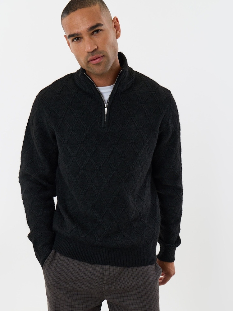 Threadbare Black Diamond Cable Knit Quarter Zip Jumper - Image 1 of 5