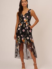 Adrianna Papell Embroidered High Low Black Dress - Image 1 of 6