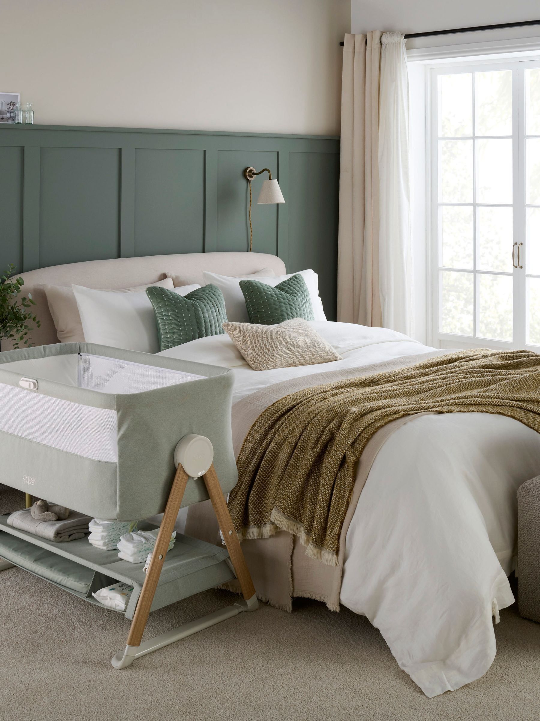 Mamas & Papas Lua Bedside Crib - Sage (0-6 Months) | Zip-down Side Panel, Height-Adjustable Frame, Breathable Mesh Panels, Removable Washable Cover, Lightweight Portable Design - Image 2