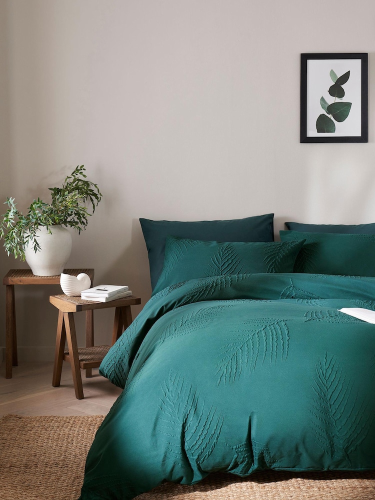 Green Embossed Leaf Duvet Cover and Pillowcase Set - Image 1 of 5