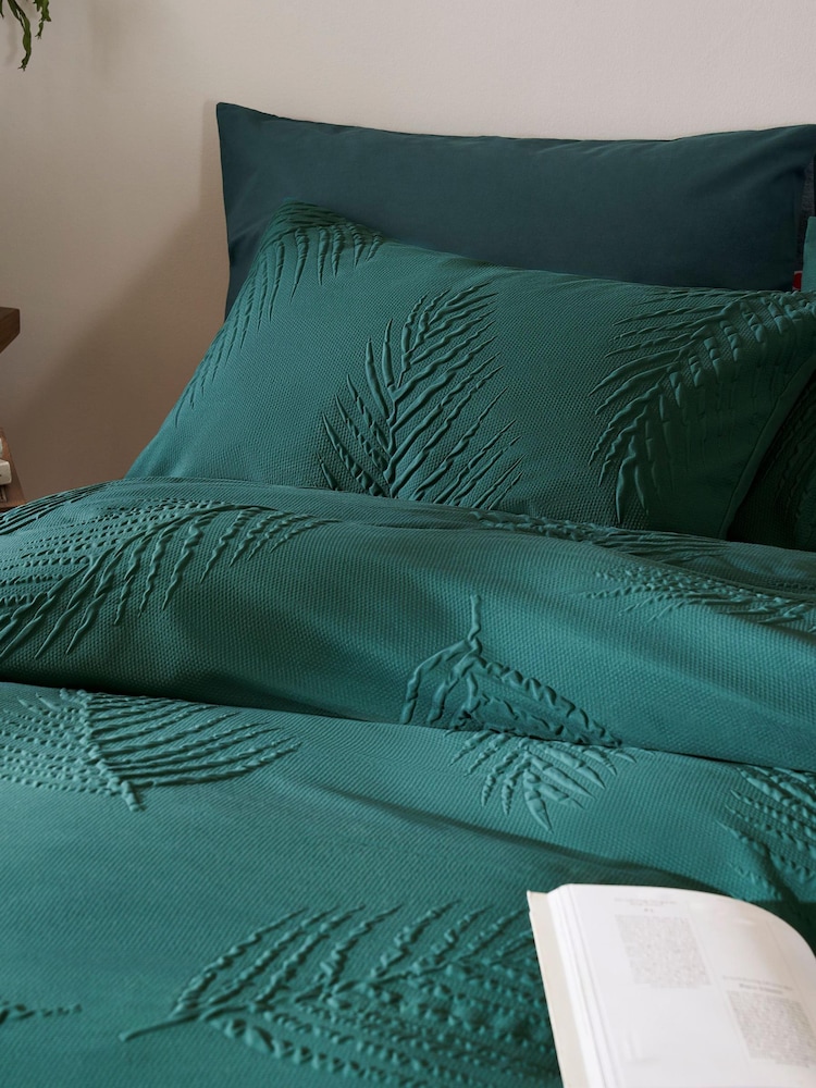 Green Embossed Leaf Duvet Cover and Pillowcase Set - Image 2 of 5