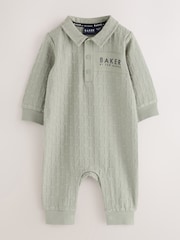 Baker by Ted Baker Sage Green 'T' Textured Long Sleeve Polo Romper - Image 1 of 6
