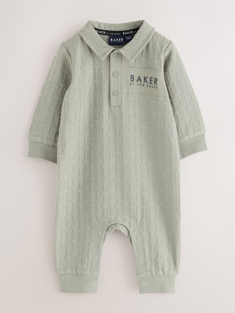 Baker by Ted Baker Sage Green 'T' Textured Long Sleeve Polo Romper - Image 1 of 6