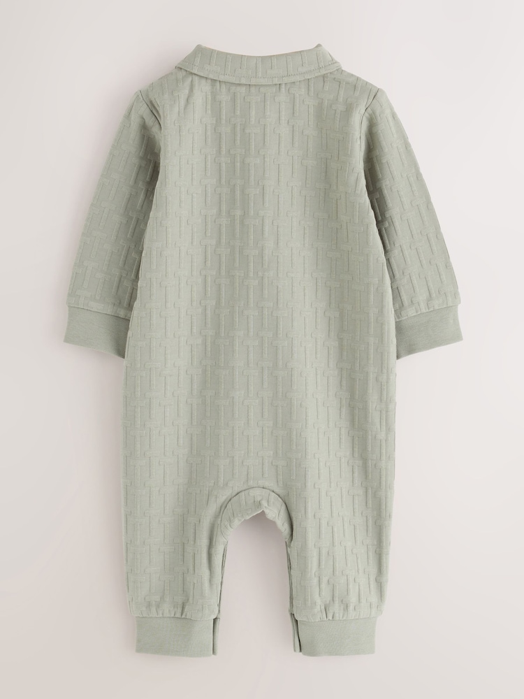 Baker by Ted Baker Sage Green 'T' Textured Long Sleeve Polo Romper - Image 2 of 6