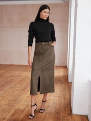 Khaki Green Suede Column Slit Midi Skirt - Image 1 of 6
