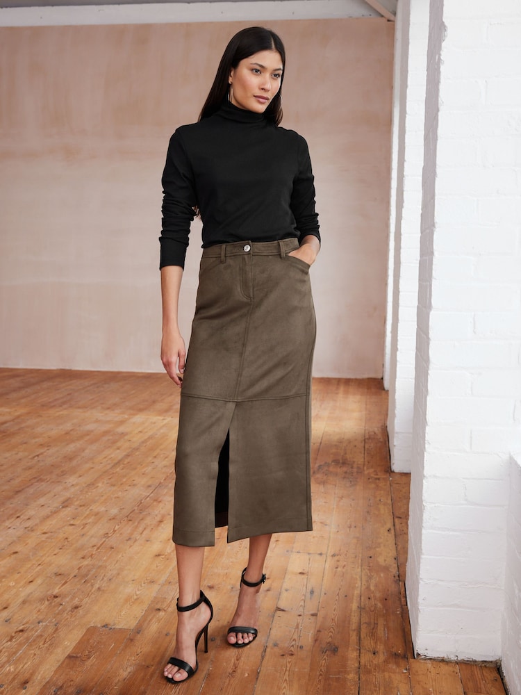 Khaki Green Suede Column Slit Midi Skirt - Image 1 of 6