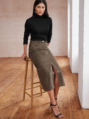 Khaki Green Suede Column Slit Midi Skirt - Image 2 of 6