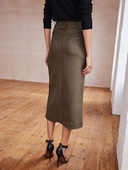 Khaki Green Suede Column Slit Midi Skirt - Image 3 of 6