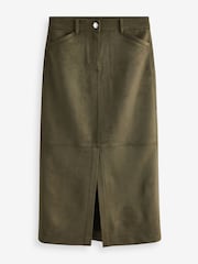 Khaki Green Suede Column Slit Midi Skirt - Image 5 of 6