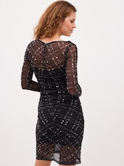 Black Check Long Sleeve Mesh Mini Dress - Image 3 of 6