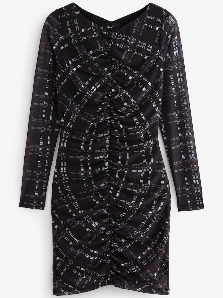 Black Check Long Sleeve Mesh Mini Dress - Image 6 of 6
