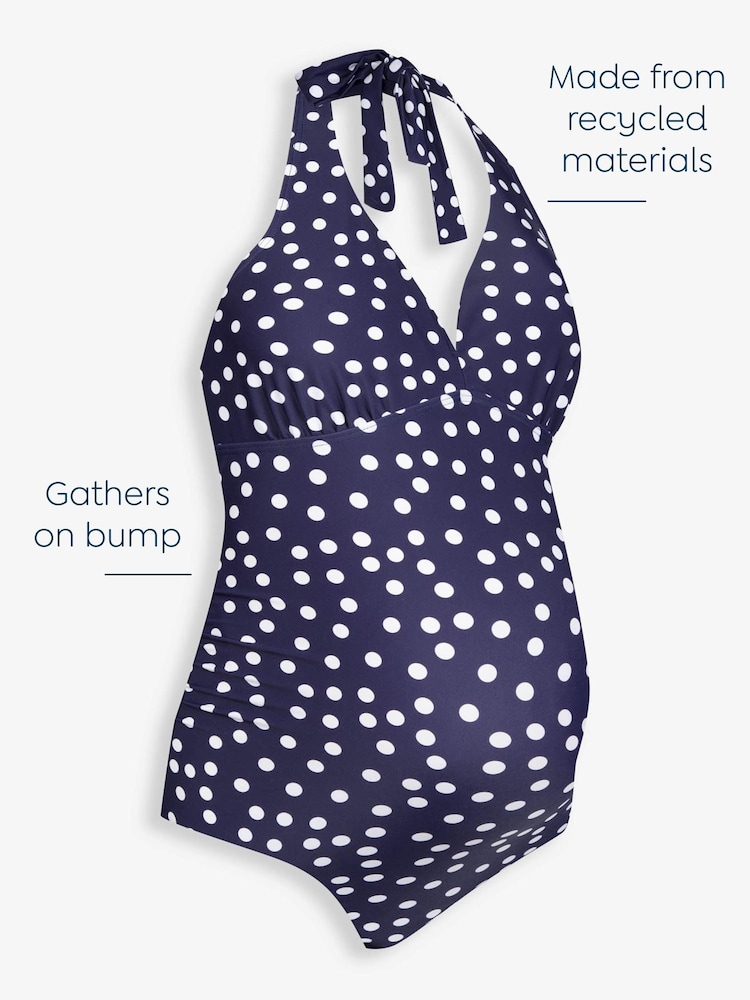 JoJo Maman Bébé Navy Blue & White Spot Maternity Halterneck Swimsuit - Image 3 of 3