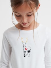 Reiss White Marli 9-14 yrs Cotton Reindeer Long Sleeve T-Shirt - Image 1 of 6