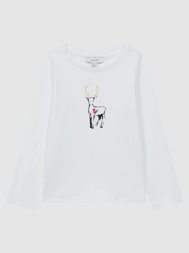 Reiss White Marli 9-14 yrs Cotton Reindeer Long Sleeve T-Shirt - Image 2 of 6