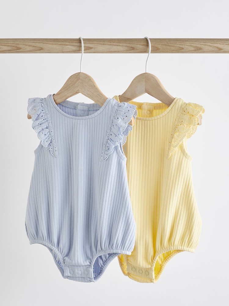 Blue/Yellow Frill Shoulder Baby Short Sleeve Bodysuits 2 Pack - Image 1 of 9