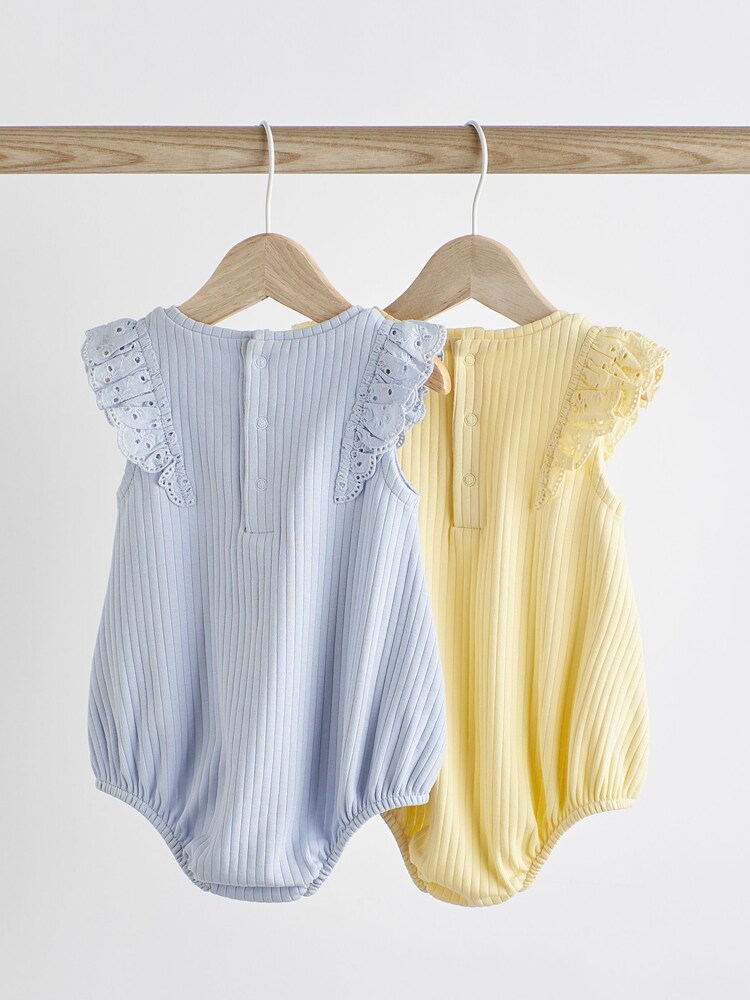 Blue/Yellow Frill Shoulder Baby Short Sleeve Bodysuits 2 Pack - Image 2 of 9