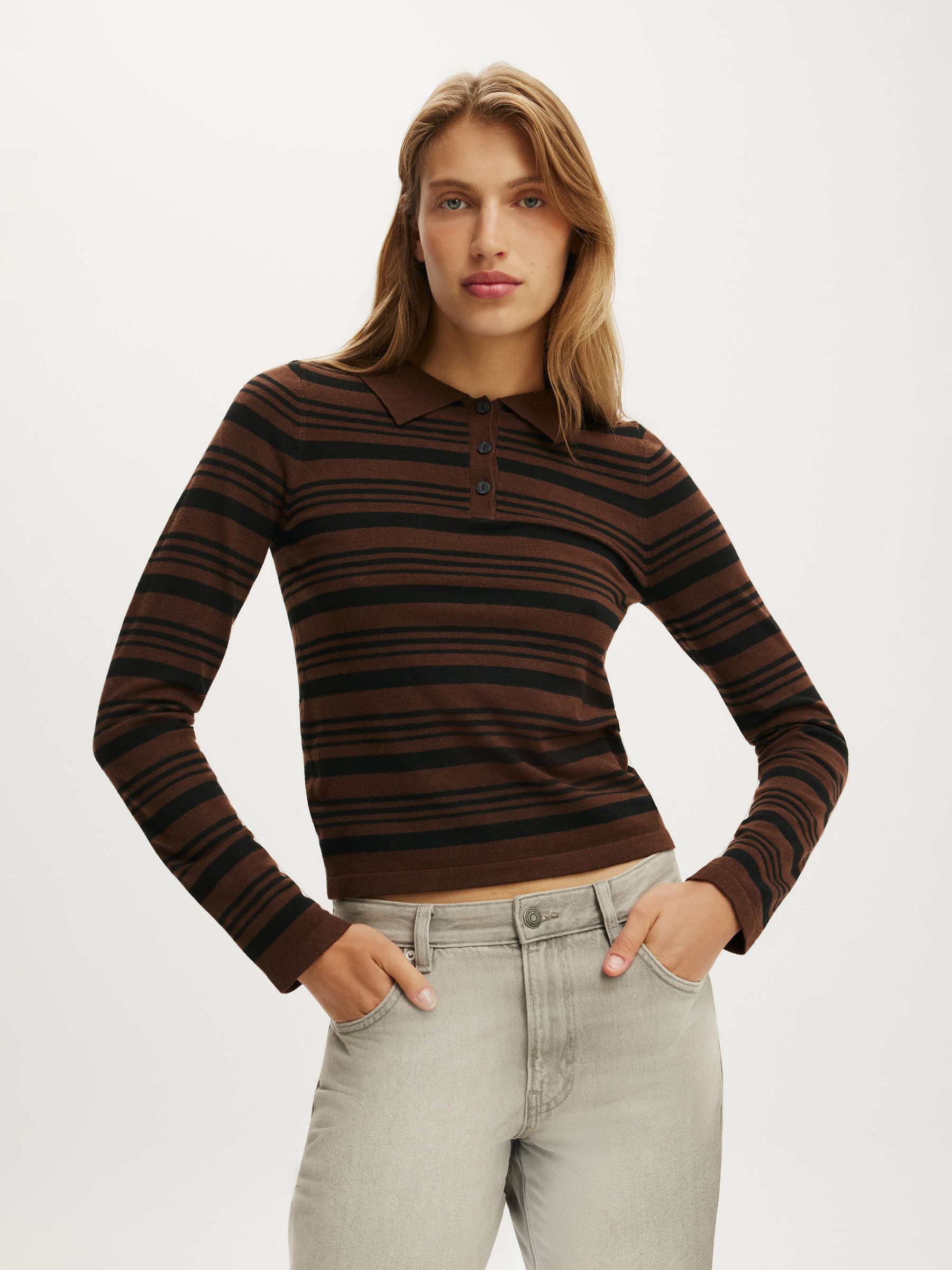 Buy Cotton On Brown Sara Knit Ls Polo Shirt from Next USA