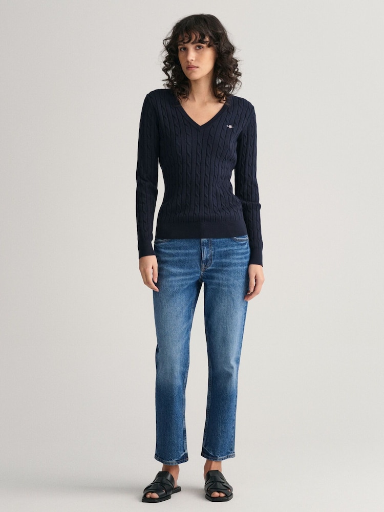 GANT Dark Blue Stretch Cotton Cable Knit Jumper - Image 1 of 4