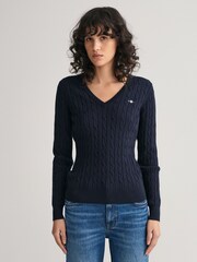 GANT Dark Blue Stretch Cotton Cable Knit Jumper - Image 2 of 4