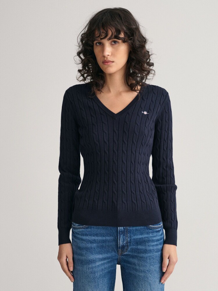 GANT Dark Blue Stretch Cotton Cable Knit Jumper - Image 2 of 4
