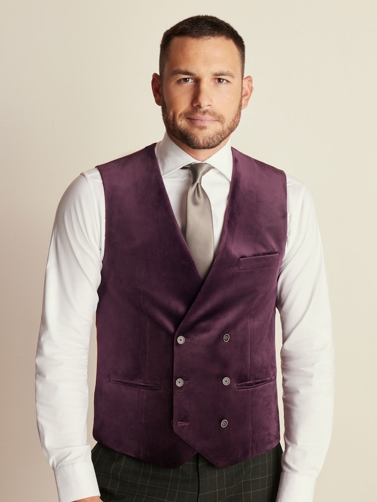Burgundy Regular Fit Velvet Waistcoat - Image 1 of 10