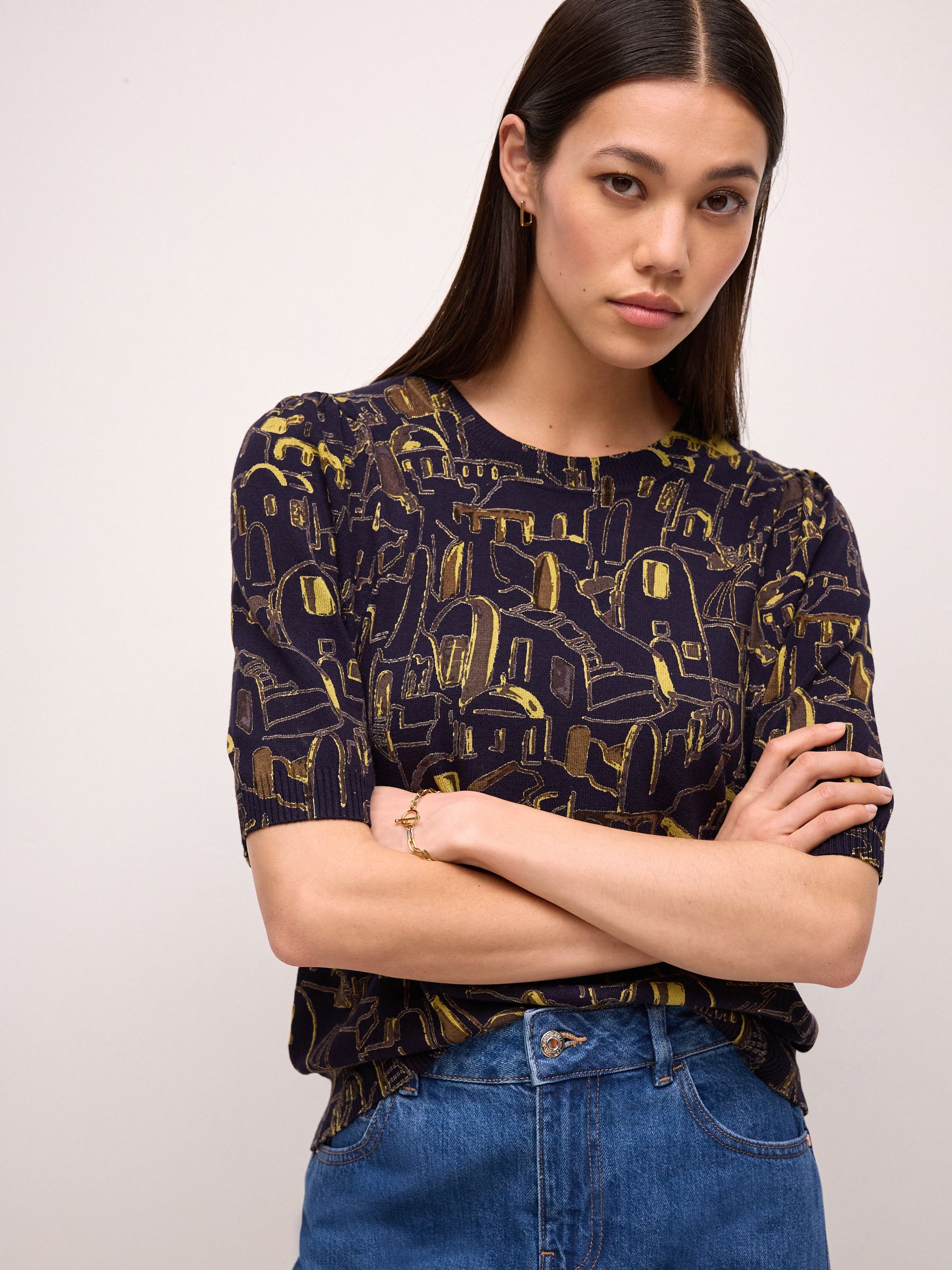 Buy Navy Blue Print Printed Crew Neck Short Sleeve Knitted