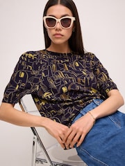 Navy Blue Print Printed Crew Neck Short Sleeve Knitted Top - Image 3 of 7