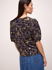 Navy Blue Print Printed Crew Neck Short Sleeve Knitted Top - Image 4 of 7