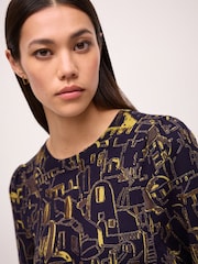 Navy Blue Print Printed Crew Neck Short Sleeve Knitted Top - Image 5 of 7