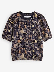 Navy Blue Print Printed Crew Neck Short Sleeve Knitted Top - Image 6 of 7