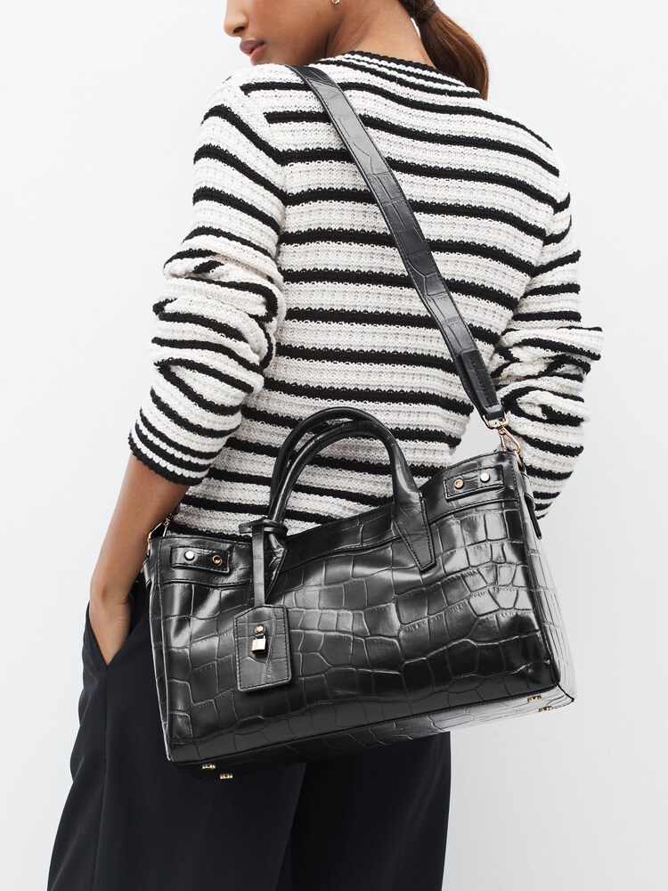 Black Leather Croc Effect Tote Bag - Image 1 of 10