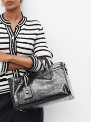 Black Leather Croc Effect Tote Bag - Image 2 of 10
