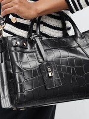 Black Leather Croc Effect Tote Bag - Image 3 of 10