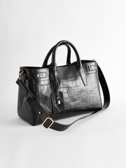 Black Leather Croc Effect Tote Bag - Image 4 of 10