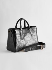 Black Leather Croc Effect Tote Bag - Image 5 of 10