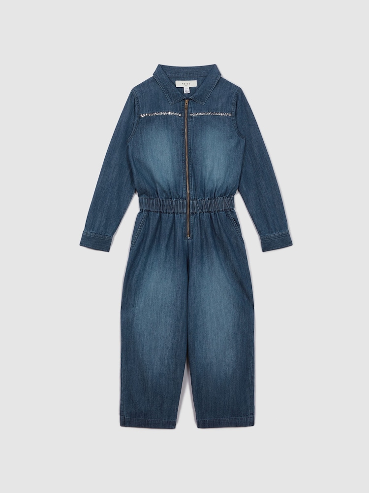 Reiss Blue Marnie 4-9 yrs Elasticated Embellished Denim Jumpsuit - Image 2 of 6