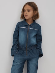 Reiss Blue Marnie 4-9 yrs Elasticated Embellished Denim Jumpsuit - Image 3 of 6