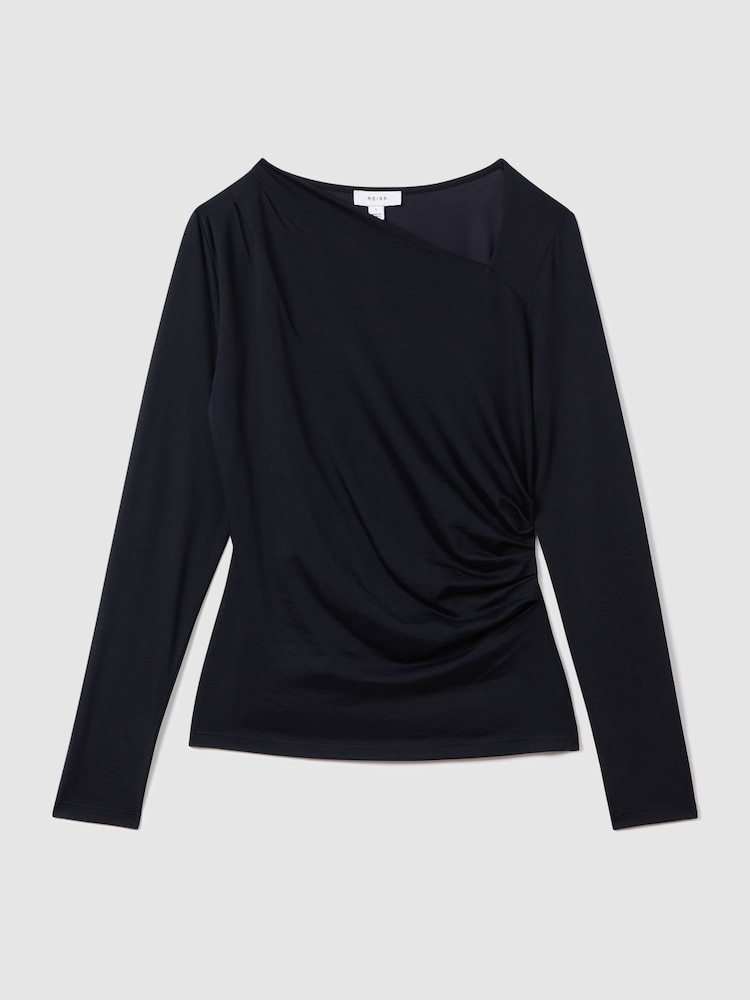 Reiss Navy Sandy Ruched Asymmetric Neck Top - Image 2 of 6