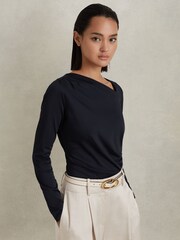Reiss Navy Sandy Ruched Asymmetric Neck Top - Image 4 of 6